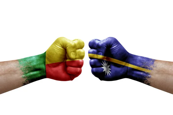 Two Hands Punch Each Others White Background Country Flags Painted — 图库照片