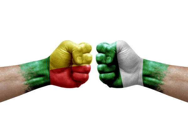 Two Hands Punch Each Others White Background Country Flags Painted — Foto Stock