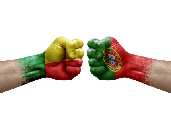 Two Hands Punch Each Others White Background Country Flags Painted — Foto de Stock