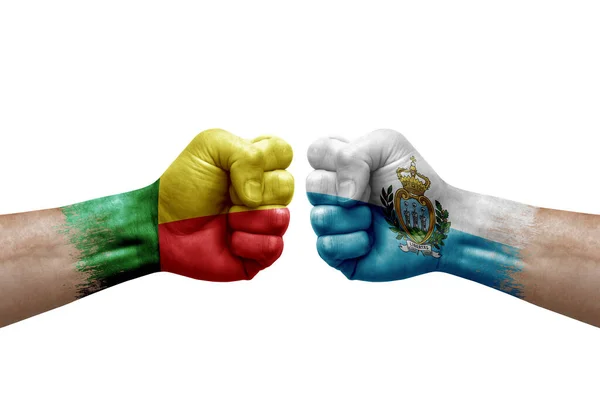 Two Hands Punch Each Others White Background Country Flags Painted — Zdjęcie stockowe