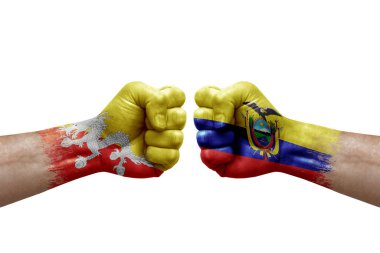 Two hands punch to each others on white background. Country flags painted fists, conflict crisis concept between bhutan and ecuador