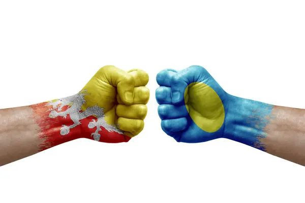 Two Hands Punch Each Others White Background Country Flags Painted — Stock Fotó