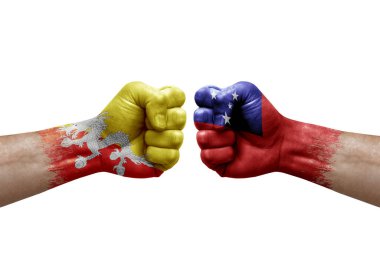 Two hands punch to each others on white background. Country flags painted fists, conflict crisis concept between bhutan and samoa