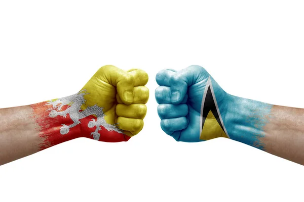 Two Hands Punch Each Others White Background Country Flags Painted — Stok fotoğraf