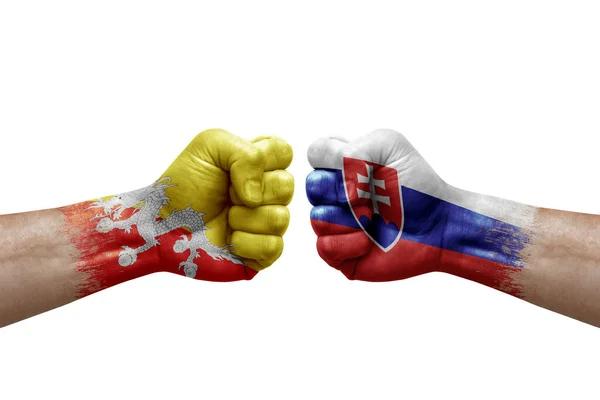 Two Hands Punch Each Others White Background Country Flags Painted — Fotografia de Stock