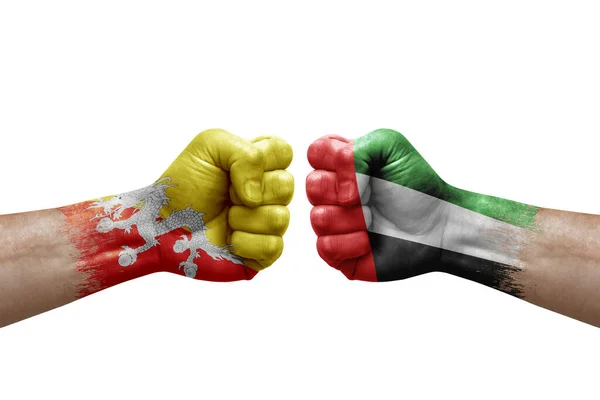 Two Hands Punch Each Others White Background Country Flags Painted — Stok fotoğraf