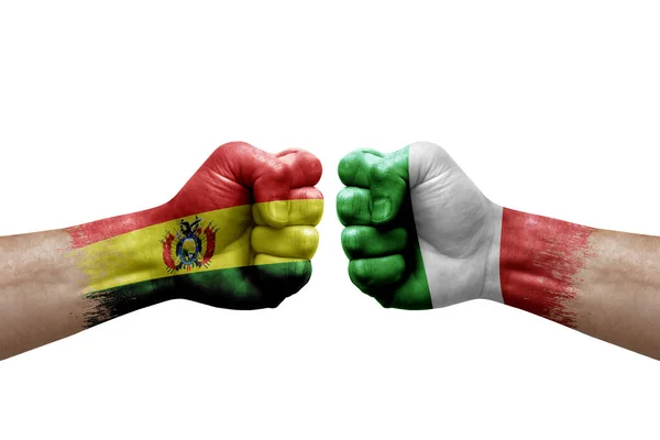 Two Hands Punch Each Others White Background Country Flags Painted — Stock Photo, Image