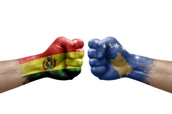 Two Hands Punch Each Others White Background Country Flags Painted — Fotografia de Stock