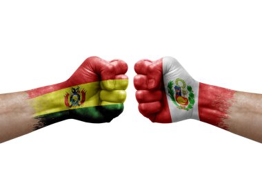 Two hands punch to each others on white background. Country flags painted fists, conflict crisis concept between bolivia and peru