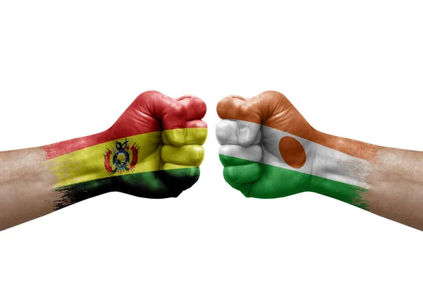 Two Hands Punch Each Others White Background Country Flags Painted — Fotografia de Stock