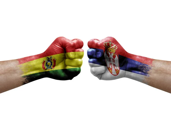 Two Hands Punch Each Others White Background Country Flags Painted — Stock fotografie