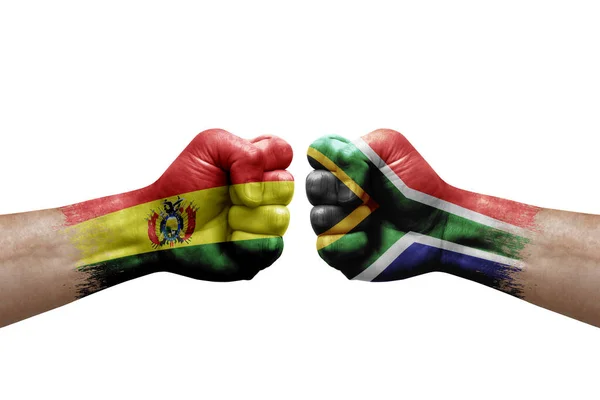 Two Hands Punch Each Others White Background Country Flags Painted — Fotografia de Stock