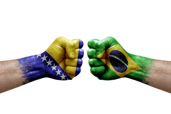 Two Hands Punch Each Others White Background Country Flags Painted — Stockfoto