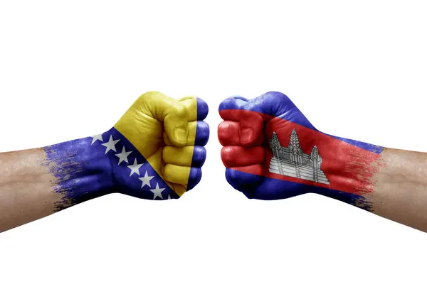 Two Hands Punch Each Others White Background Country Flags Painted — Foto de Stock