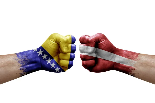 Two Hands Punch Each Others White Background Country Flags Painted — Stock Photo, Image