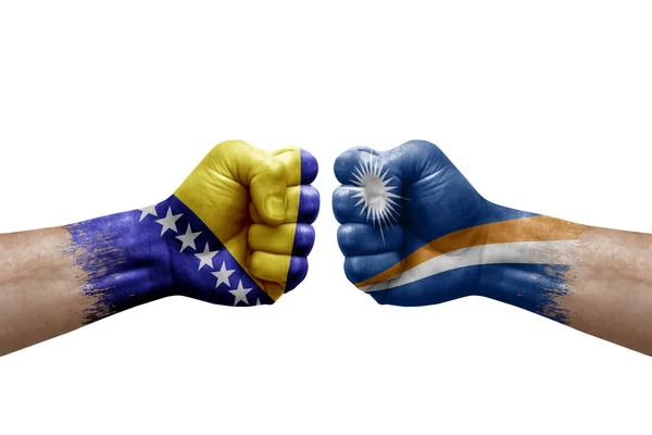 Two Hands Punch Each Others White Background Country Flags Painted — Photo