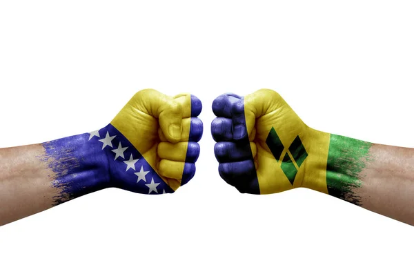 Two Hands Punch Each Others White Background Country Flags Painted — Fotografia de Stock