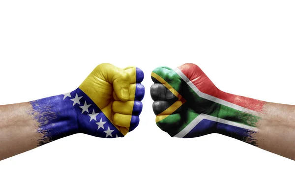 Two Hands Punch Each Others White Background Country Flags Painted — Fotografia de Stock