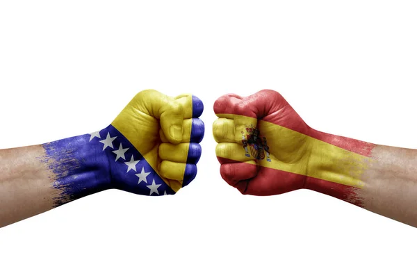 Two Hands Punch Each Others White Background Country Flags Painted — Fotografia de Stock