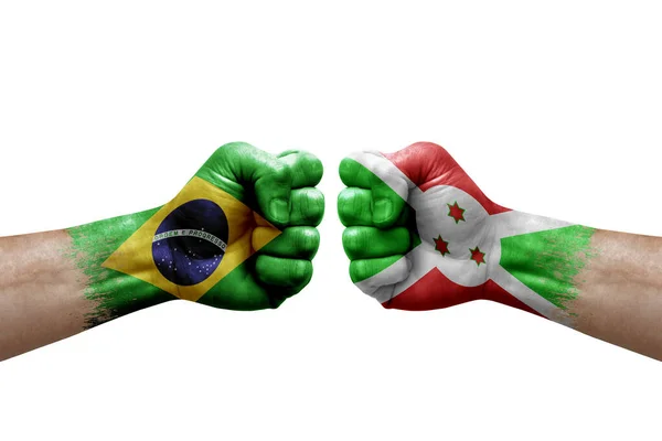 Two Hands Punch Each Others White Background Country Flags Painted — Foto de Stock