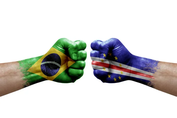 Two Hands Punch Each Others White Background Country Flags Painted — Fotografia de Stock