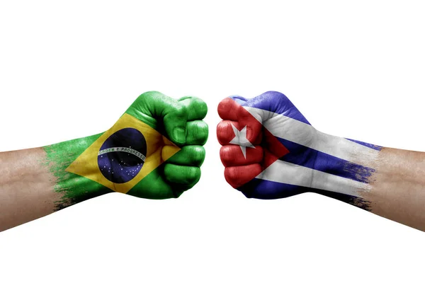 Two Hands Punch Each Others White Background Country Flags Painted — Fotografia de Stock