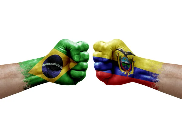 Two Hands Punch Each Others White Background Country Flags Painted — Fotografia de Stock