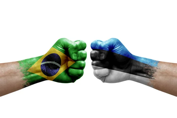 Two Hands Punch Each Others White Background Country Flags Painted — Fotografia de Stock