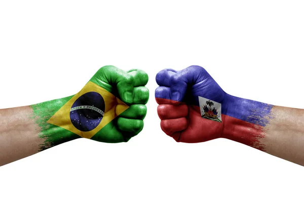 Two Hands Punch Each Others White Background Country Flags Painted — Stock Photo, Image