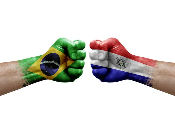 Two Hands Punch Each Others White Background Country Flags Painted — Foto de Stock