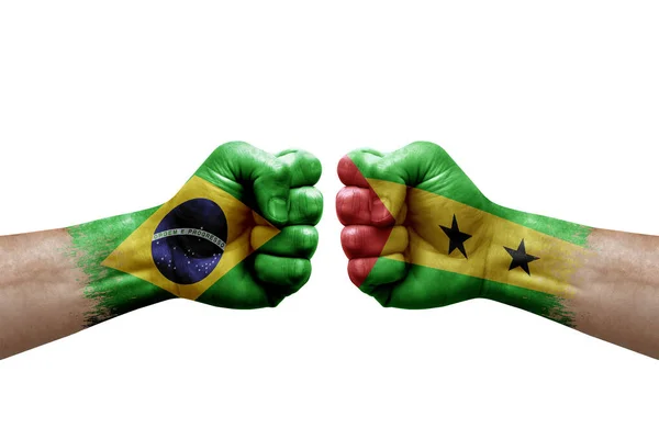 Two Hands Punch Each Others White Background Country Flags Painted — Fotografie, imagine de stoc