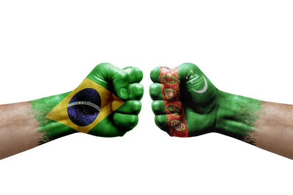 Two Hands Punch Each Others White Background Country Flags Painted — Stock Photo, Image