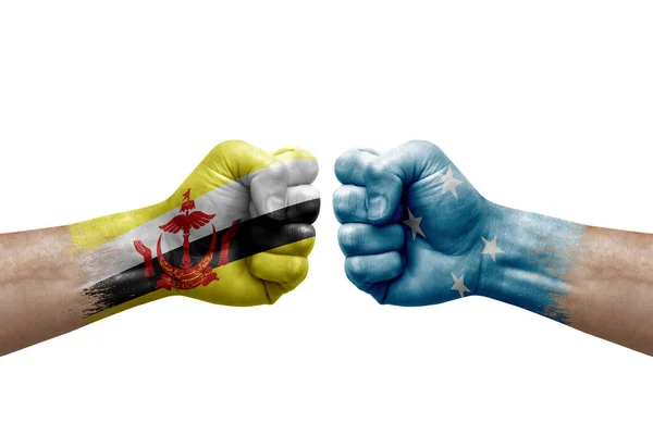 Two Hands Punch Each Others White Background Country Flags Painted — Stockfoto