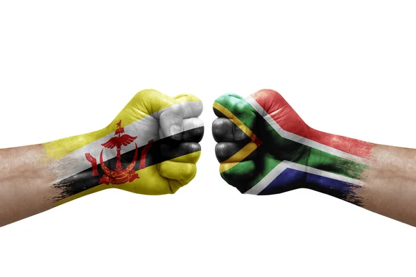 Two Hands Punch Each Others White Background Country Flags Painted — Fotografia de Stock