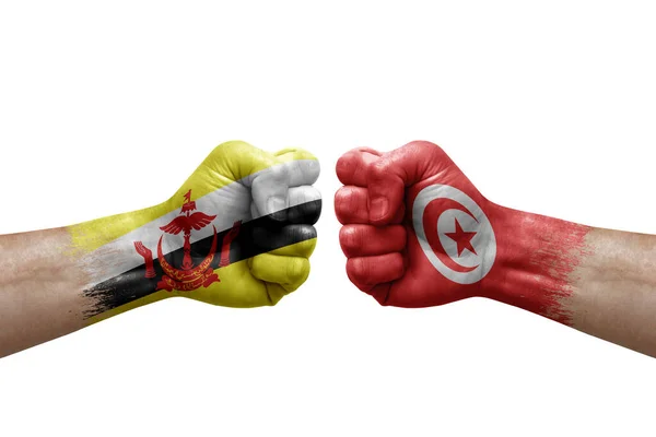 Two Hands Punch Each Others White Background Country Flags Painted — Foto Stock