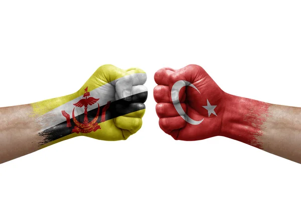 Two Hands Punch Each Others White Background Country Flags Painted — Foto Stock