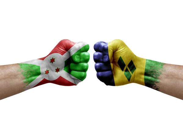 Two Hands Punch Each Others White Background Country Flags Painted — Stockfoto