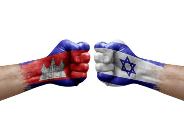 Two hands punch to each others on white background. Country flags painted fists, conflict crisis concept between cambodia and israel