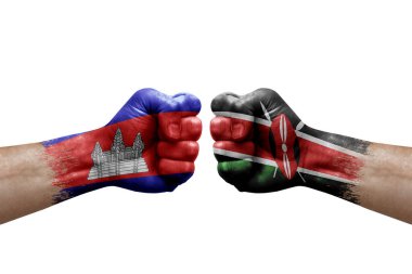 Two hands punch to each others on white background. Country flags painted fists, conflict crisis concept between cambodia and kenya