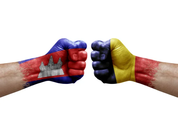 Two Hands Punch Each Others White Background Country Flags Painted — Stok fotoğraf