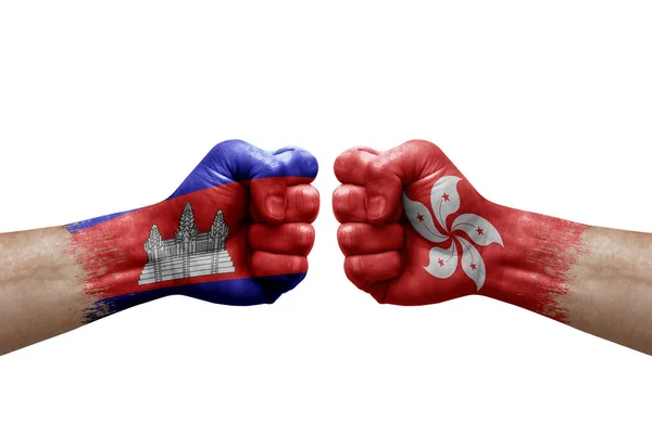 Two Hands Punch Each Others White Background Country Flags Painted — Stockfoto