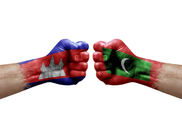 Two Hands Punch Each Others White Background Country Flags Painted — Stock Photo, Image