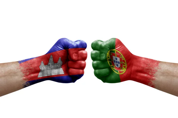 Two Hands Punch Each Others White Background Country Flags Painted — Stock Fotó