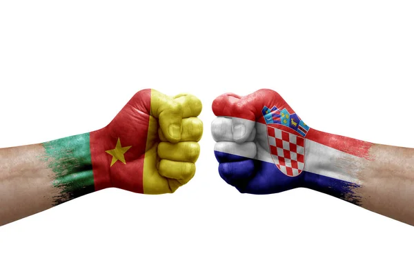 Two Hands Punch Each Others White Background Country Flags Painted — Stockfoto