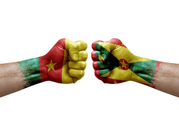 Two Hands Punch Each Others White Background Country Flags Painted — Stock Fotó