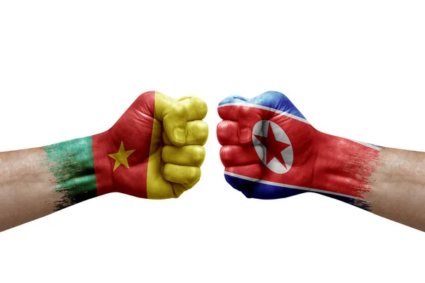 Two Hands Punch Each Others White Background Country Flags Painted — Fotografia de Stock