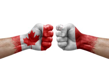 Two hands punch to each others on white background. Country flags painted fists, conflict crisis concept between canada and malta