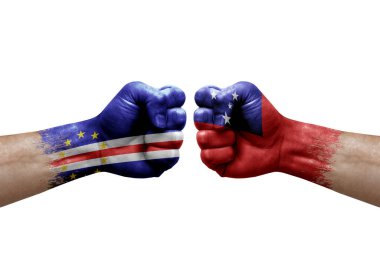 Two hands punch to each others on white background. Country flags painted fists, conflict crisis concept between cape verde and samoa