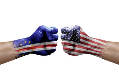 Two hands punch to each others on white background. Country flags painted fists, conflict crisis concept between cape verde and usa
