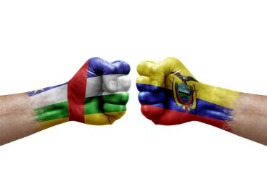 Two hands punch to each others on white background. Country flags painted fists, conflict crisis concept between central african republic and ecuador